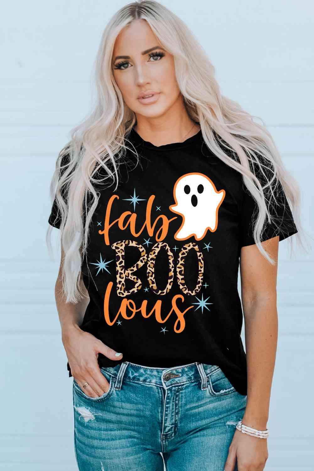 Round Neck Short Sleeve Ghost Graphic T-Shirt Black Women's T-Shirts - Tophatter Daily Deals