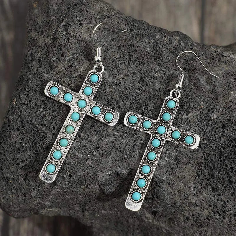 Artificial Turquoise Cross Shape Earrings Earrings - Tophatter Daily Deals