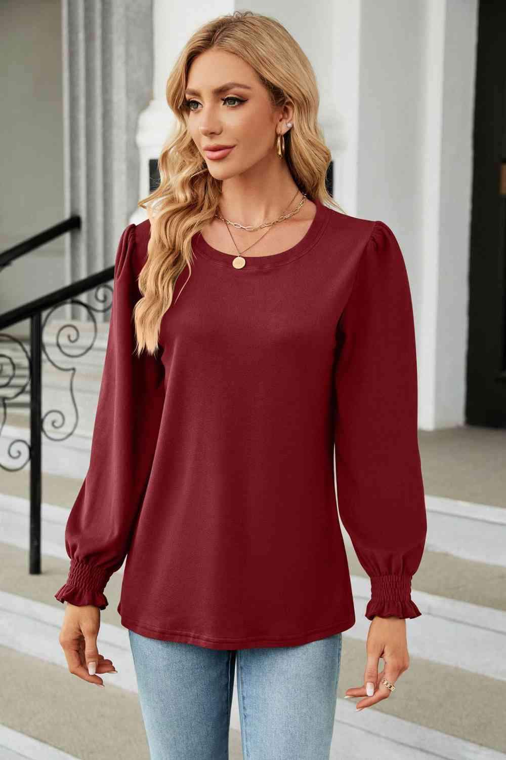 Round Neck Smocked Flounce Sleeve Blouse Blouses - Tophatter Daily Deals