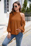 Asymmetrical Lantern Sleeve Waffle-Knit Blouse Caramel Blouses - Tophatter Daily Deals