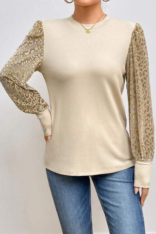 Leopard Print Long Sleeve Ribbed Knit Blouse Blouses - Tophatter Daily Deals