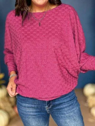 Checkered Round Neck Batwing Sleeve T-Shirt Deep Rose Women's T-Shirts - Tophatter Daily Deals