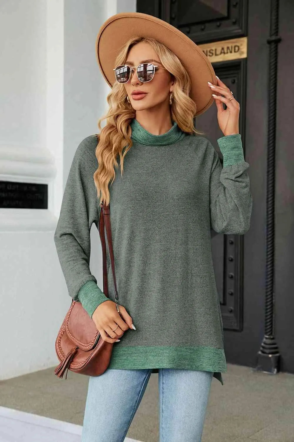 Turtle Neck Long Sleeve Slit Blouse Army Green Blouses - Tophatter Daily Deals