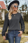 Eyelet Round Neck Long Sleeve T-Shirt Charcoal Women's T-Shirts - Tophatter Daily Deals