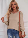 Round Neck Lantern Sleeve Blouse Tan Blouses - Tophatter Daily Deals