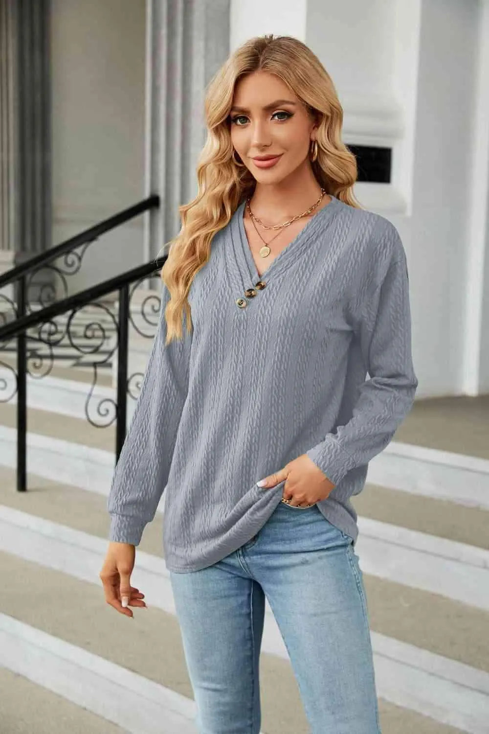 Decorative Button V-Neck Long Sleeve T-Shirt Cloudy Blue Women's T-Shirts - Tophatter Daily Deals