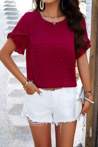 Swiss Dot Decorative Button Round Neck T-Shirt Deep Red Women's T-Shirts - Tophatter Daily Deals