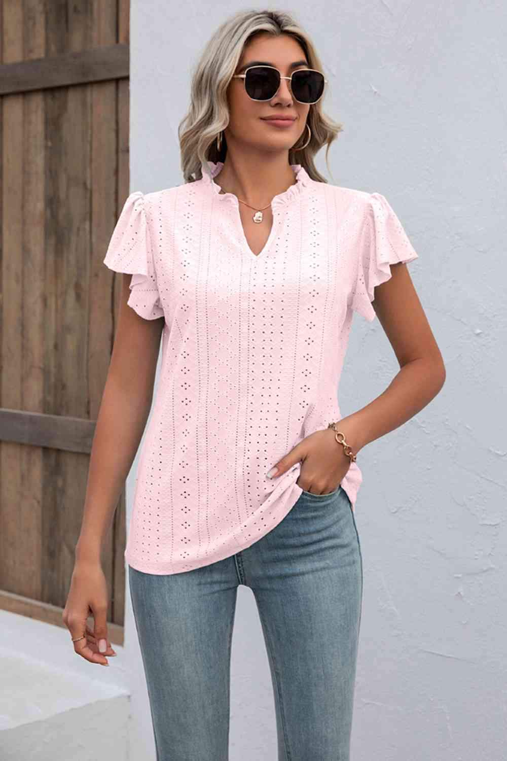 Eyelet Notched Neck Flutter Sleeve Top Women's T-Shirts - Tophatter Daily Deals