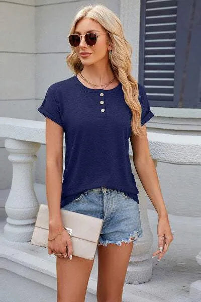 Round Neck Rolled Short Sleeve T-Shirt Navy Women's T-Shirts - Tophatter Daily Deals