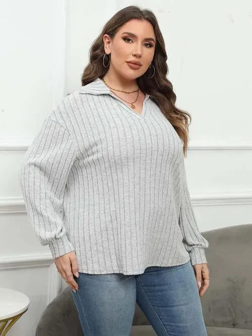 Plus Size Ribbed Collared Neck Long Sleeve Blouse Blouses - Tophatter Daily Deals