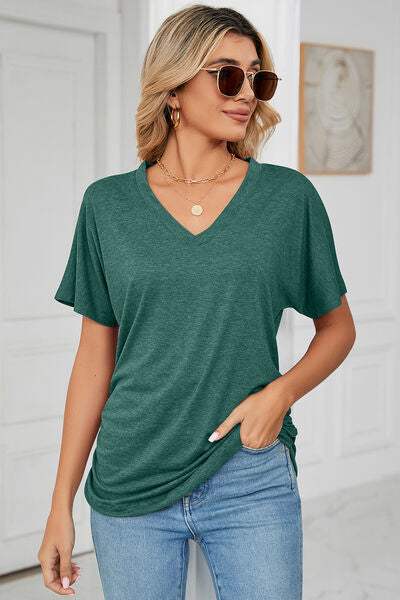 Ruched V-Neck Short Sleeve T-Shirt Women's T-Shirts - Tophatter Daily Deals