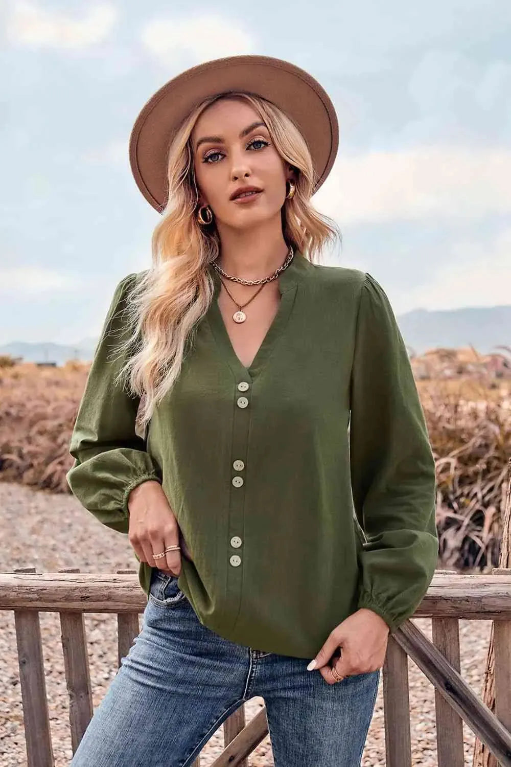 V-Neck Balloon Sleeve Button-Up Blouse Army Green Blouses - Tophatter Daily Deals