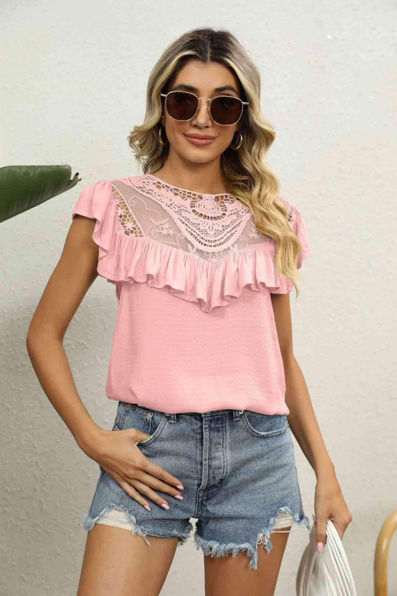 Spliced Lace Ruffled Blouse Blush Pink Blouses - Tophatter Daily Deals