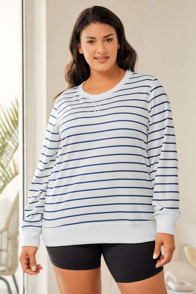 Plus Size Striped Round Neck Long Sleeve T-Shirt White Women's T-Shirts - Tophatter Daily Deals