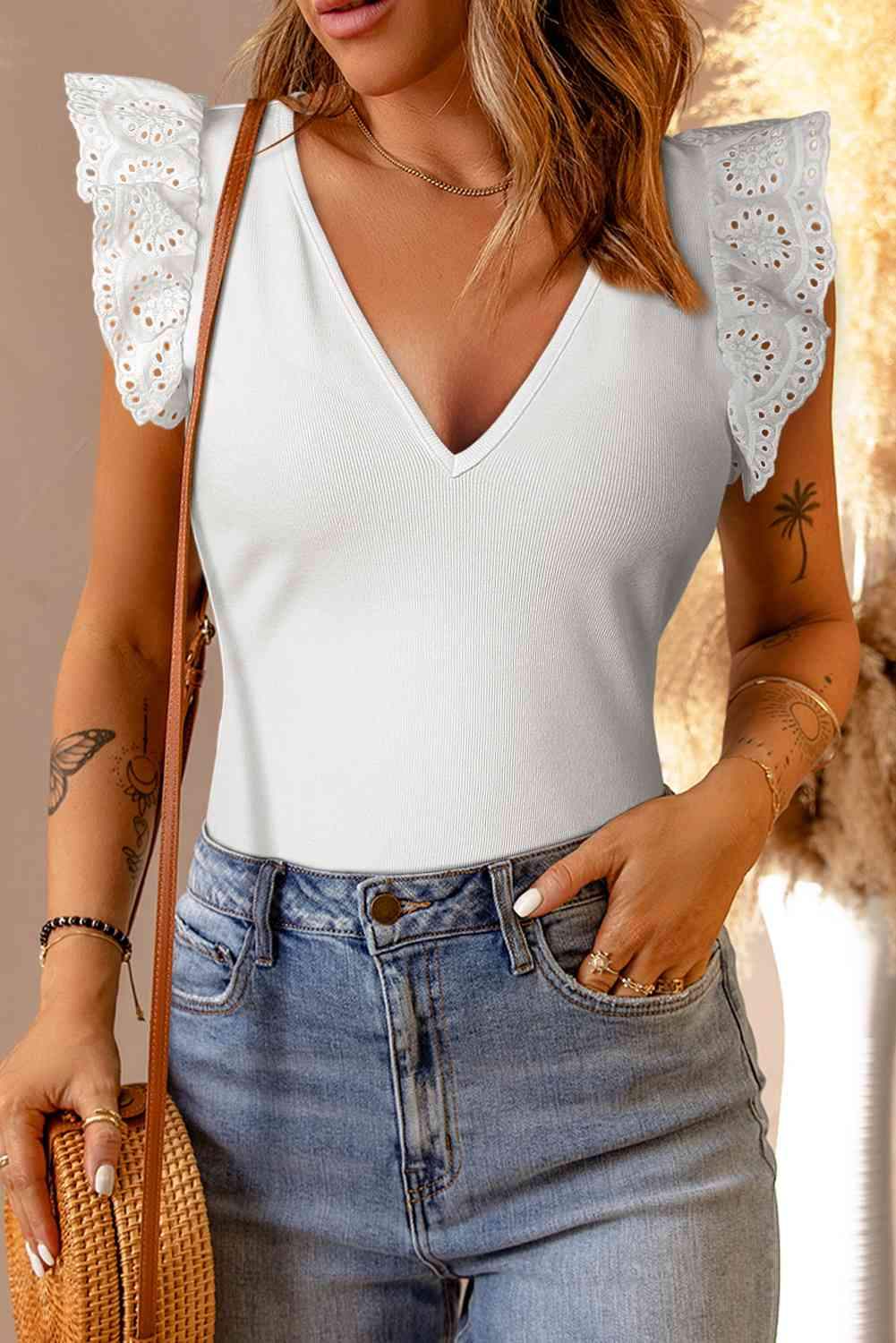 Deep V Lace Butterfly Sleeve Top White L Blouses - Tophatter Daily Deals