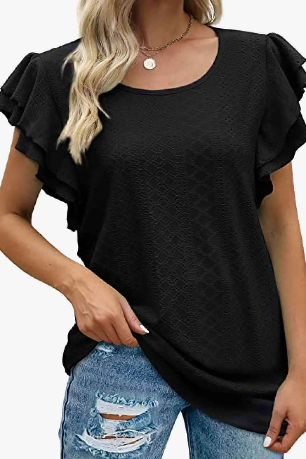 Round Neck Layered Flutter Sleeve Blouse Blouses - Tophatter Daily Deals