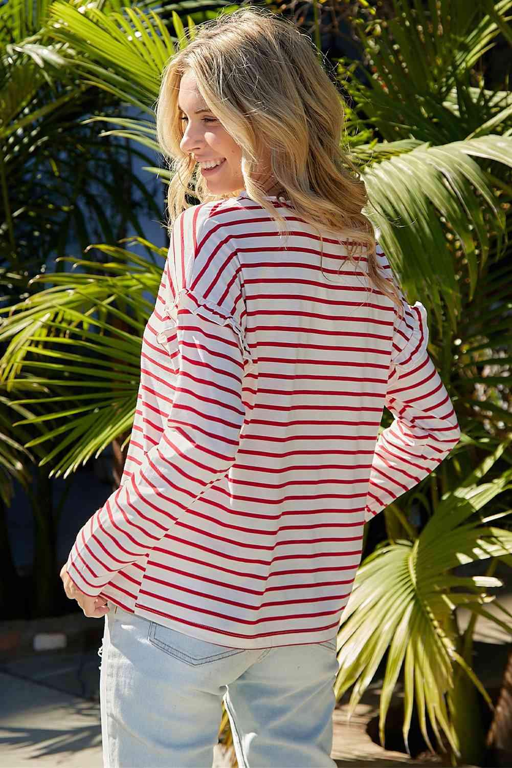 Striped Half Button Frill Trim Top Blouses - Tophatter Daily Deals