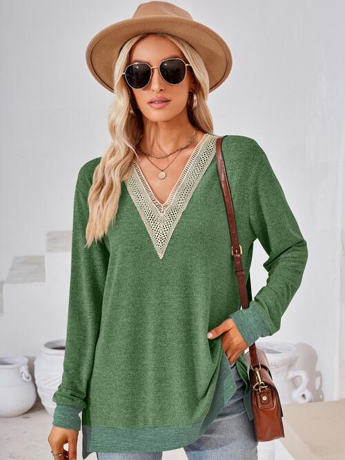 Crochet Contrast V-Neck Long Sleeve Slit T-Shirt Moss Women's T-Shirts - Tophatter Daily Deals