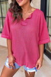 Notched Dropped Shoulder Half Sleeve T-Shirt Cerise Women's T-Shirts - Tophatter Daily Deals