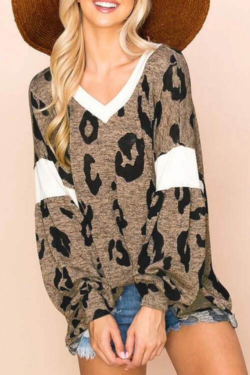 Leopard V-Neck Dropped Shoulder Blouse Leopard Blouses - Tophatter Daily Deals