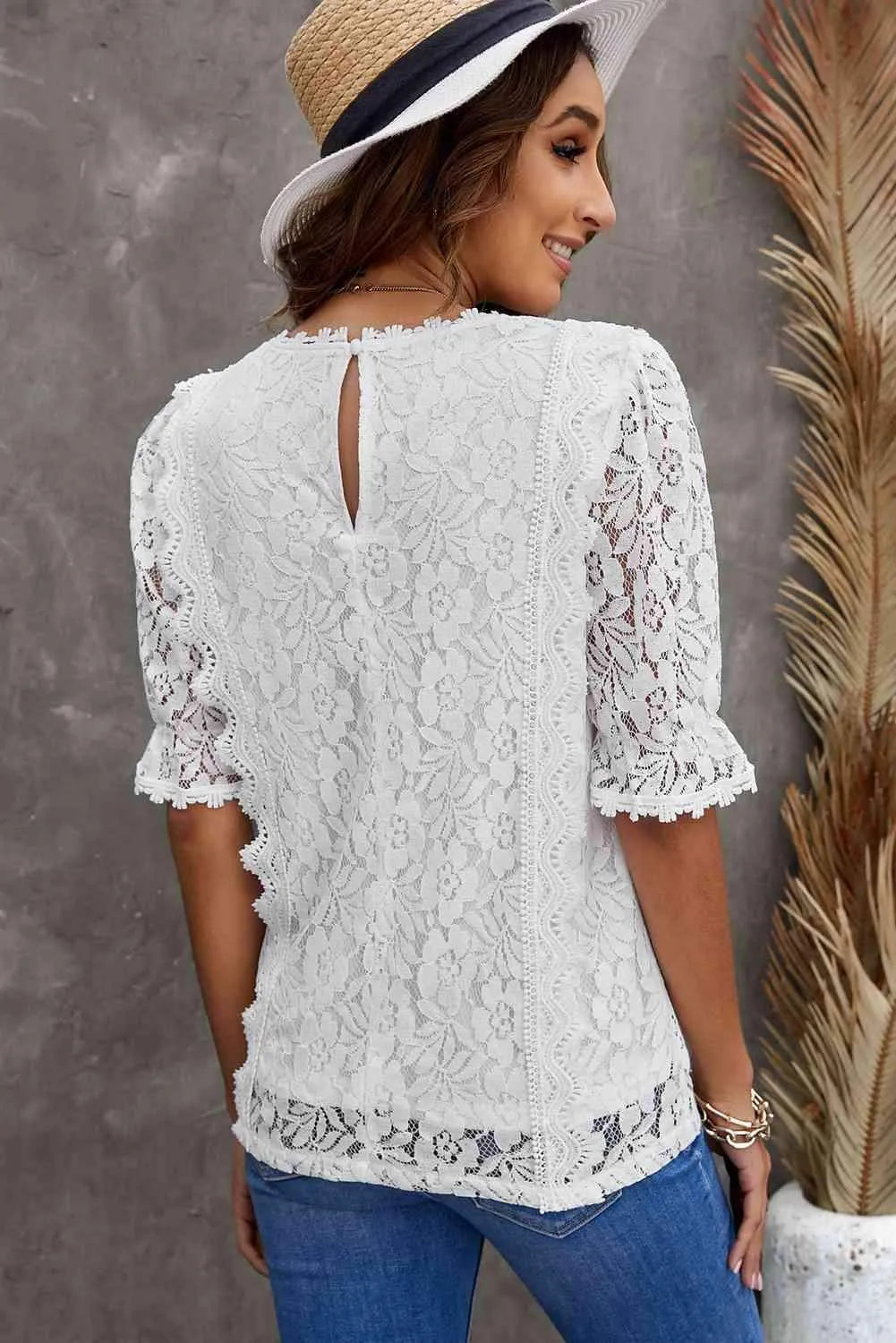 Lace V-Neck Flounce Sleeve Top Blouses - Tophatter Daily Deals