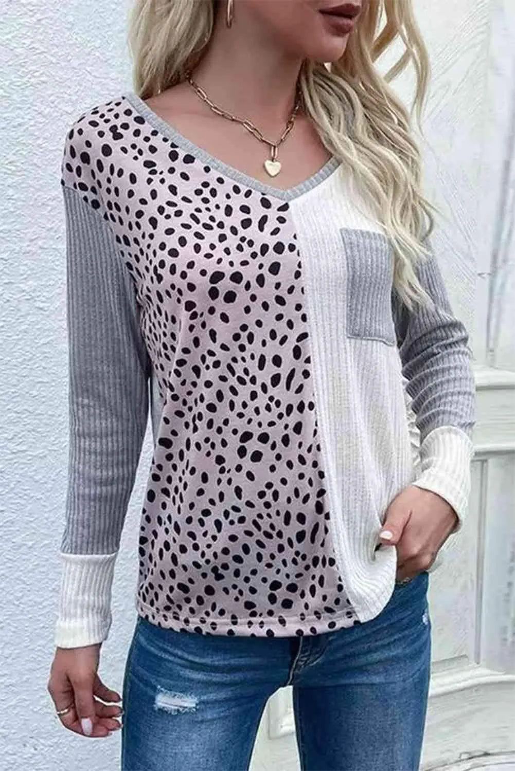 Color Block V-Neck Ribbed Top with Pocket Charcoal Blouses - Tophatter Daily Deals