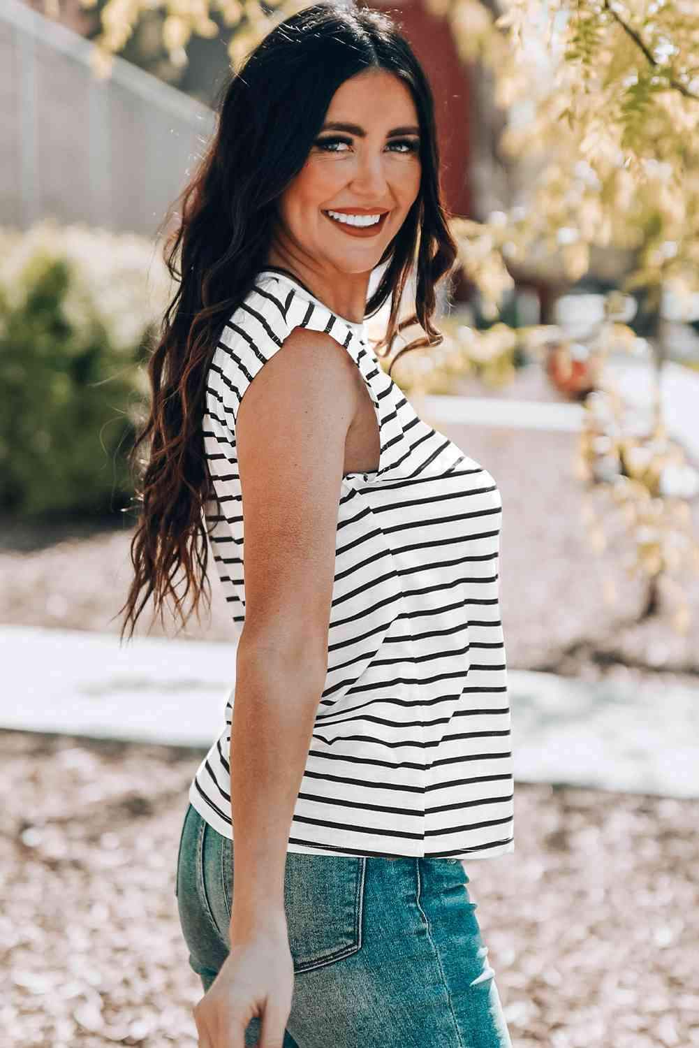 Striped Round Neck Capped Sleeve Top Blouses - Tophatter Daily Deals