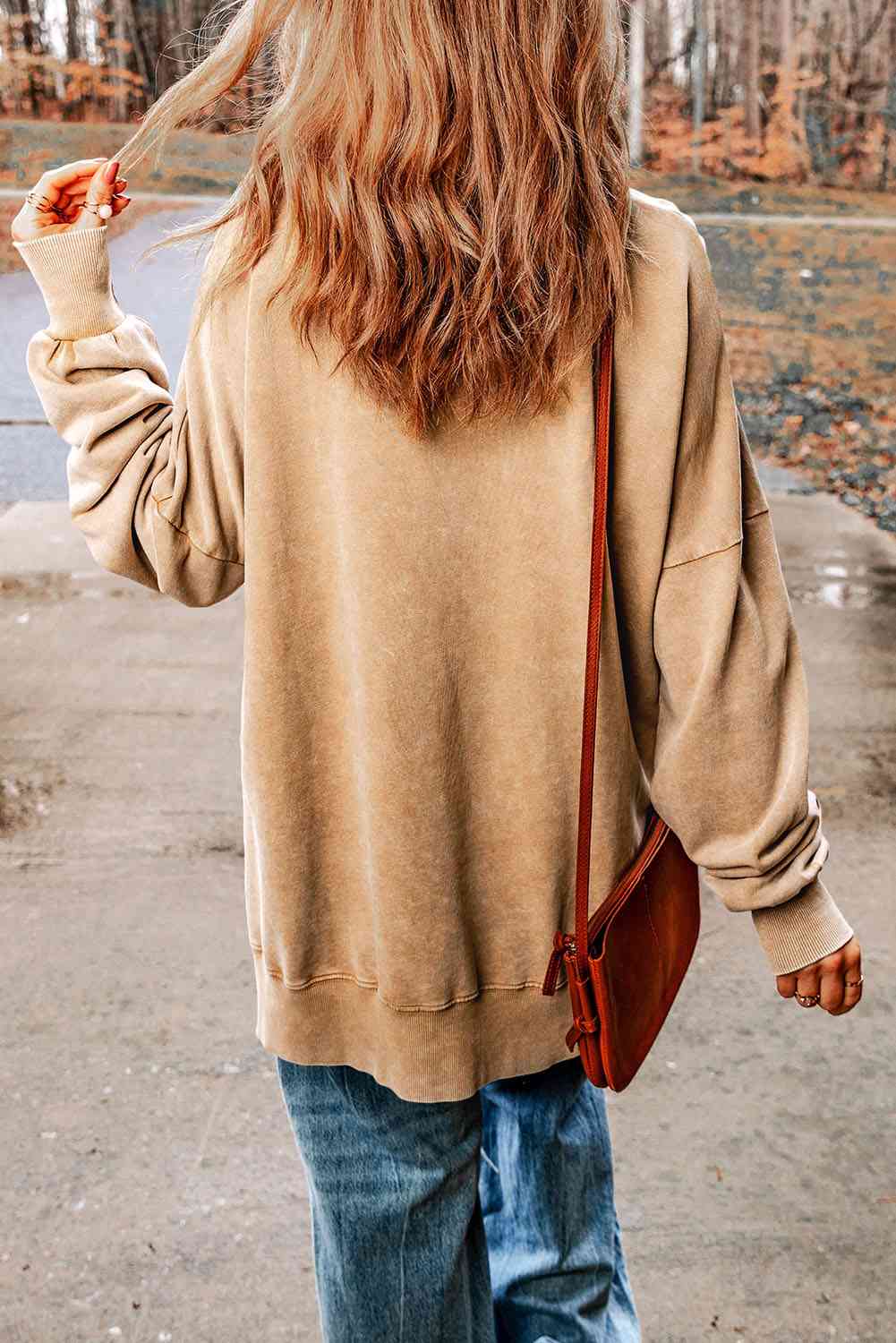 Dropped Shoulder Round Neck Long Sleeve Blouse - Tophatter Deals