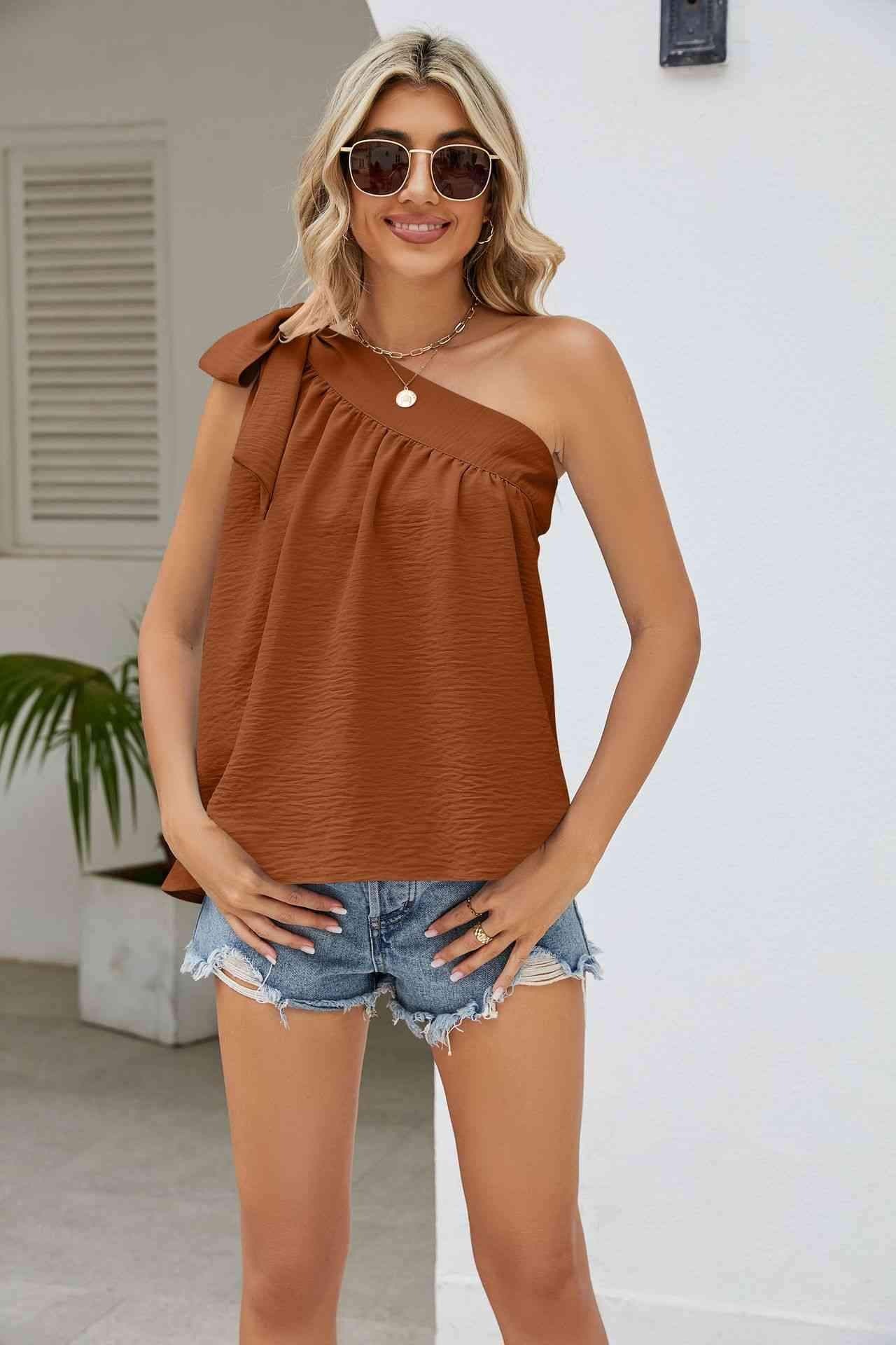 Tied One-Shoulder Sleeveless Top Blouses - Tophatter Daily Deals