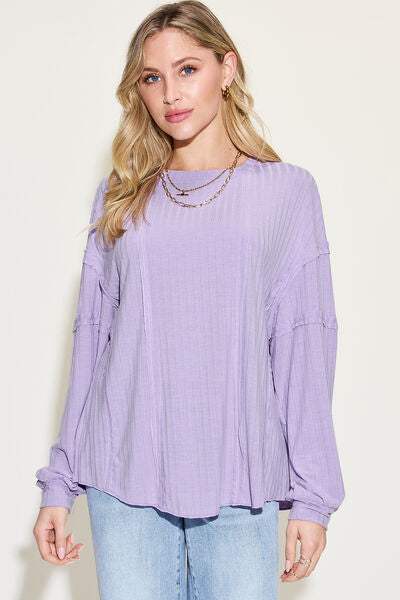 Basic Bae Full Size Ribbed Round Neck Long Sleeve T-Shirt Lavender Women's T-Shirts - Tophatter Daily Deals