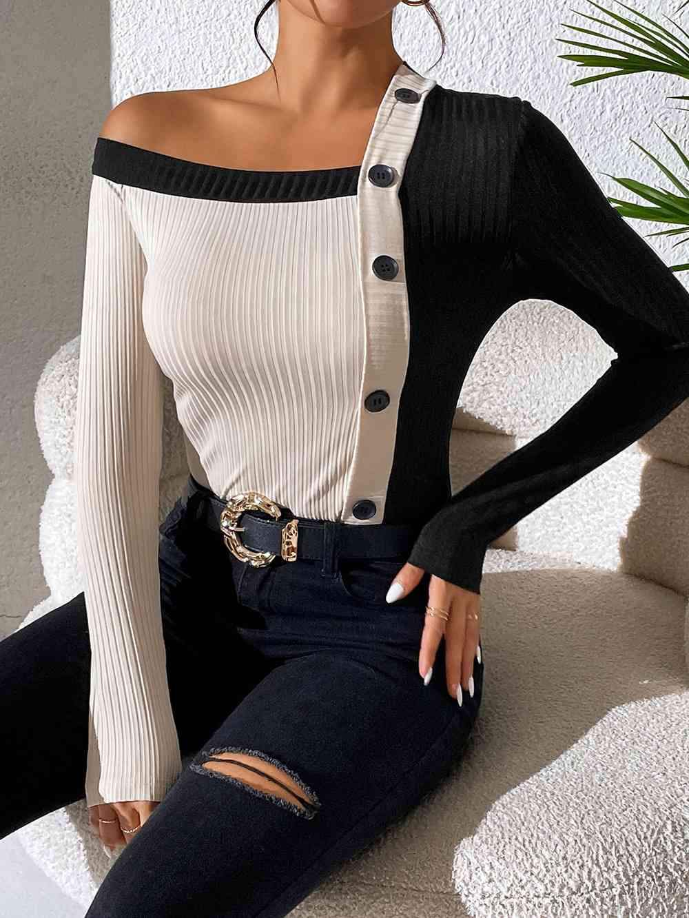 Asymmetrical One Shoulder Contrast Color Buttoned Blouse Black-White Blouses - Tophatter Daily Deals