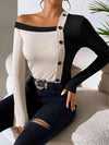 Asymmetrical One Shoulder Contrast Color Buttoned Blouse Black-White Blouses - Tophatter Daily Deals