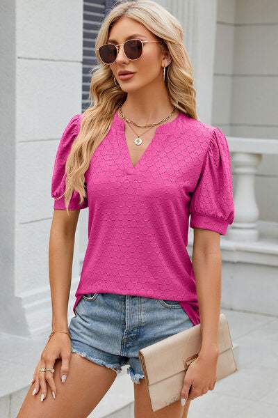 Eyelet Notched Puff Sleeve T-Shirt Women's T-Shirts - Tophatter Daily Deals