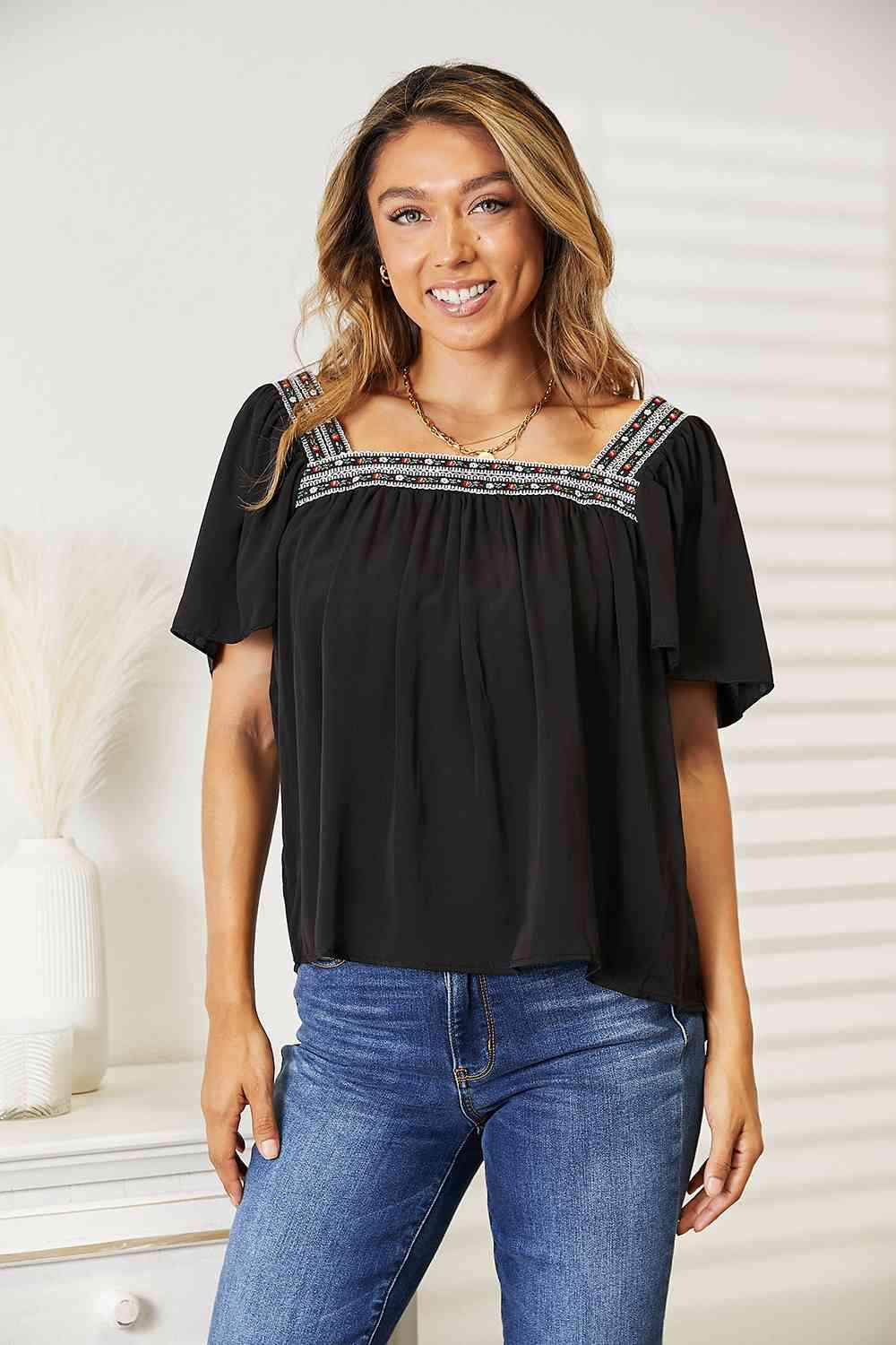 Double Take Contrast Square Neck Puff Sleeve Blouse Black Blouses - Tophatter Daily Deals