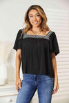 Double Take Contrast Square Neck Puff Sleeve Blouse Black Blouses - Tophatter Daily Deals