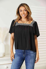 Double Take Contrast Square Neck Puff Sleeve Blouse Black Blouses - Tophatter Daily Deals