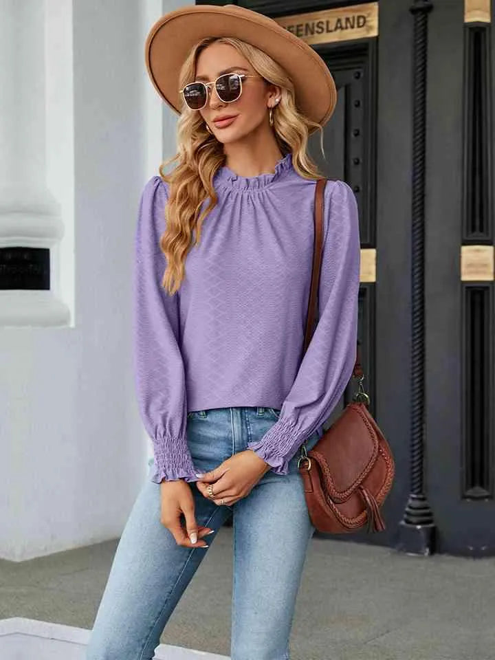 Round Neck Flounce Sleeve Blouse Blouses - Tophatter Daily Deals