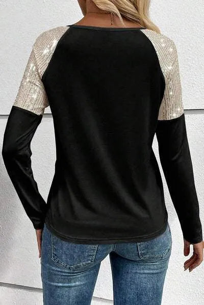 Sequin Round Neck Long Sleeve T-Shirt Women's T-Shirts - Tophatter Daily Deals