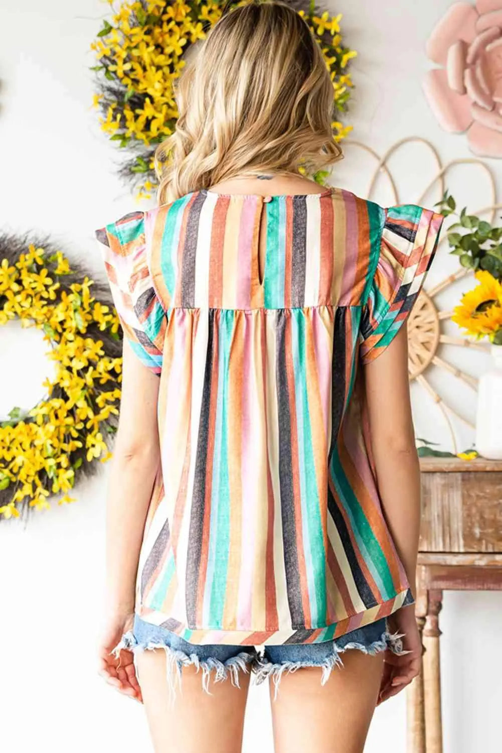 Multicolored Stripe Flutter Sleeve Blouse Blouses - Tophatter Daily Deals