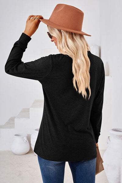 Notched Button Detail Long Sleeve T-Shirt Women's T-Shirts - Tophatter Daily Deals