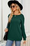 Ruched Round Neck Long Sleeve T-Shirt Green Women's T-Shirts - Tophatter Daily Deals