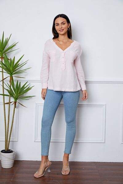 Texture Half Button Raw Hem Top Blouses - Tophatter Daily Deals