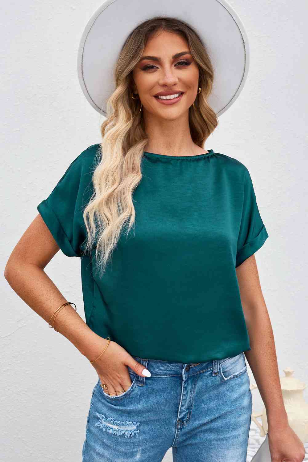 Round Neck Cuffed Sleeve Top Deep Teal Women's T-Shirts - Tophatter Daily Deals