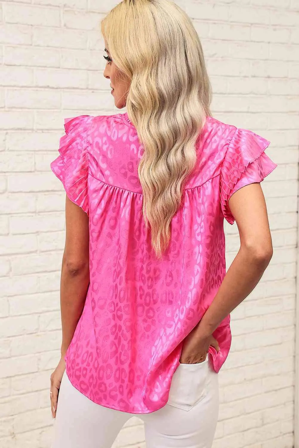 Leopard Flutter Sleeve Frill Neck Blouse Blouses - Tophatter Daily Deals