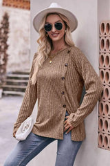 Double Take Ribbed Round Neck Buttoned Tee Women's T-Shirts - Tophatter Daily Deals