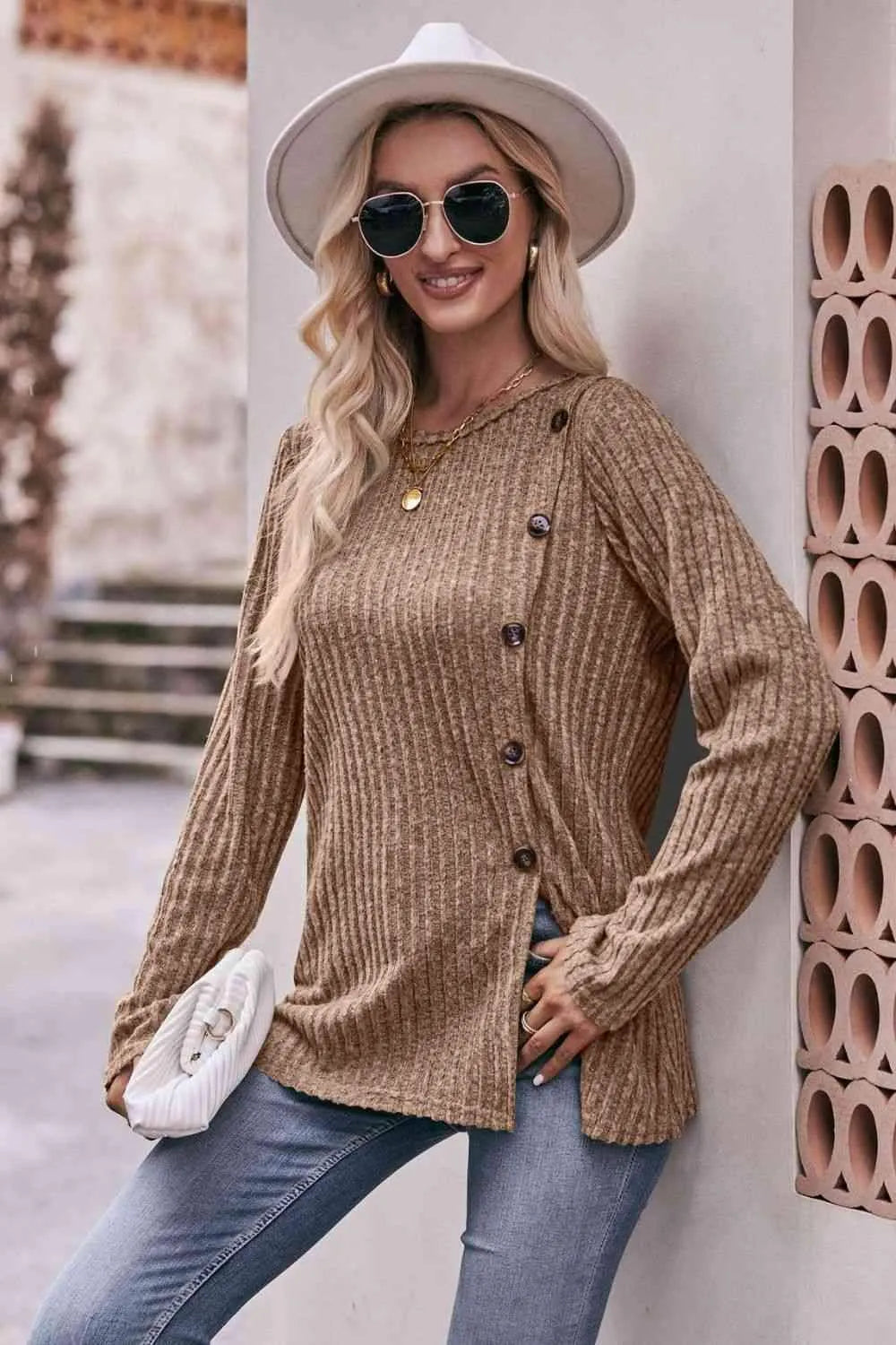 Double Take Ribbed Round Neck Buttoned Tee Women's T-Shirts - Tophatter Daily Deals