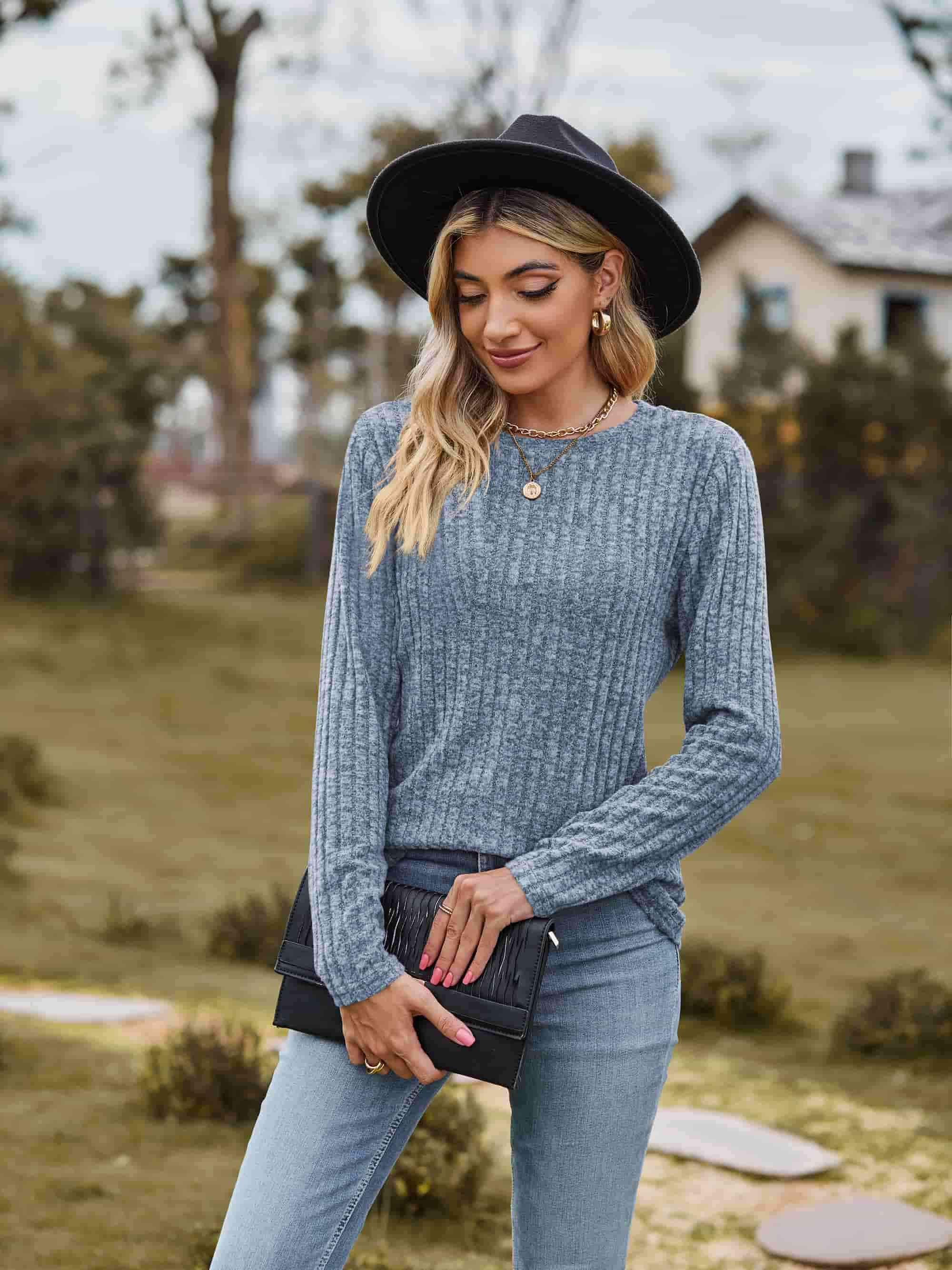 Ribbed Round Neck Long Sleeve Tee Women's T-Shirts - Tophatter Daily Deals