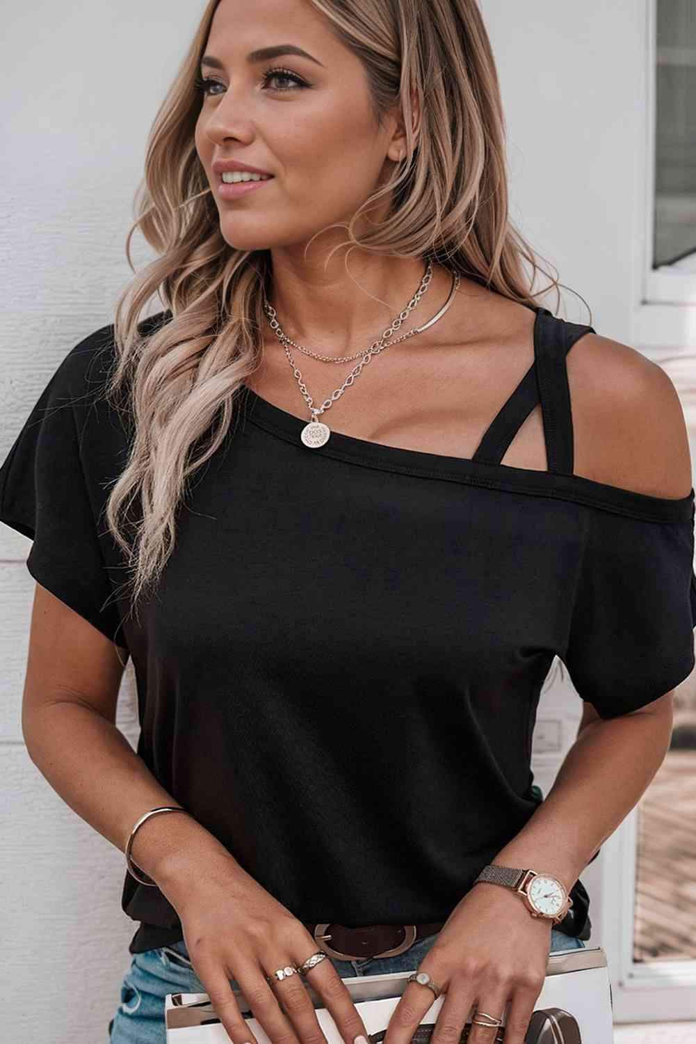 Crisscross Asymmetrical Neck Short Sleeve Top Blouses - Tophatter Daily Deals