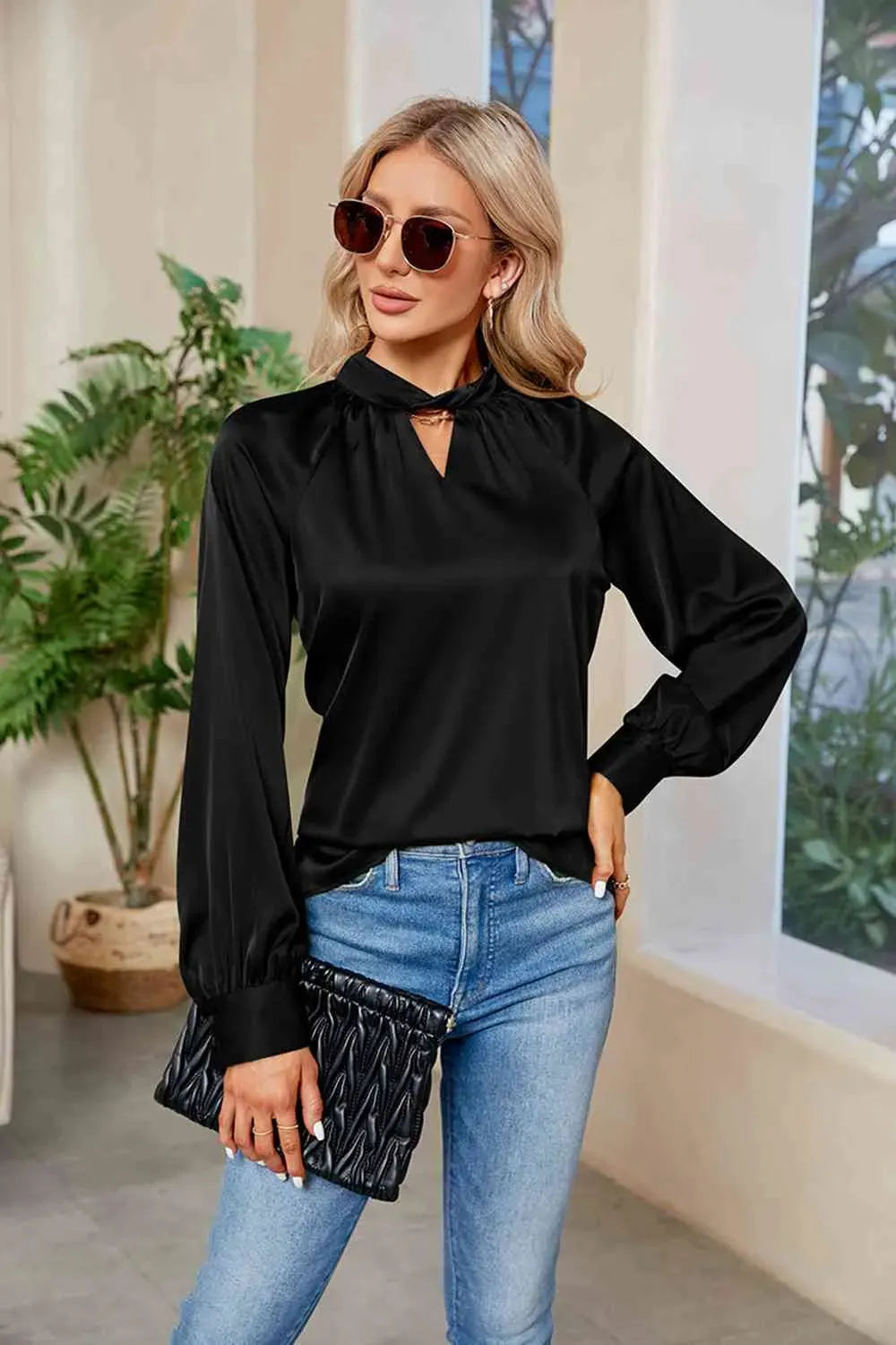 Cutout Mock Neck Long Sleeve Top Blouses - Tophatter Daily Deals