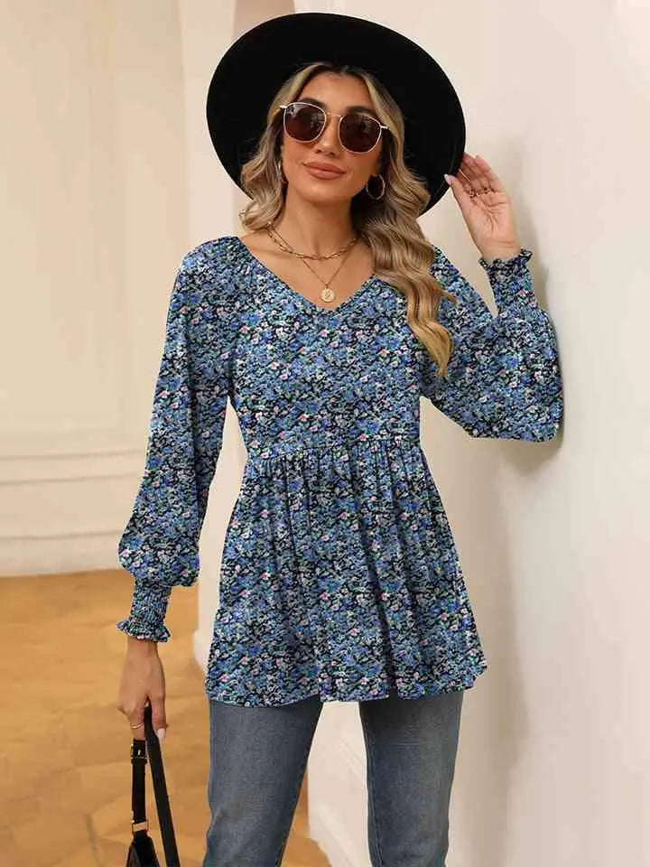 Printed V-Neck Lantern Sleeve Blouse Dusty Blue Blouses - Tophatter Daily Deals